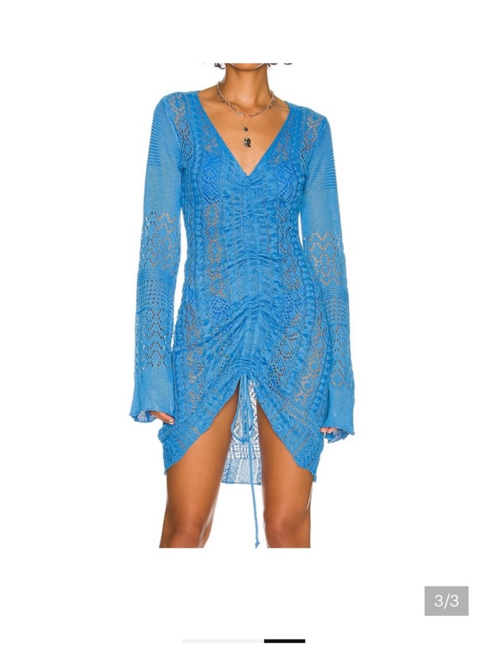 Blue V-Neck Knit Ruched Mini Dress
